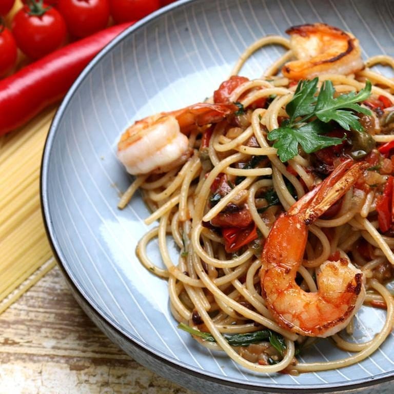 Spaghetti mit gebratenen Gambas