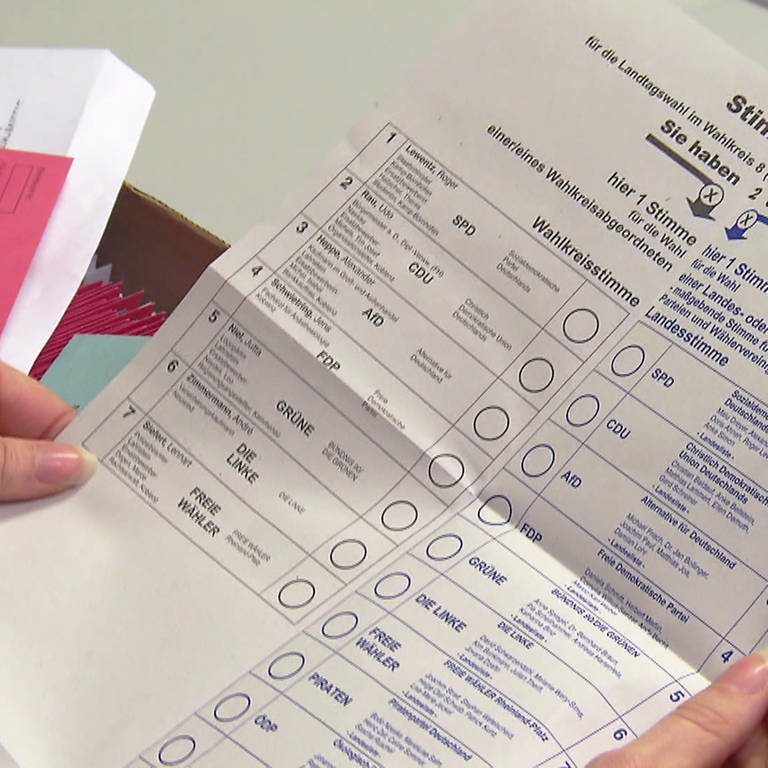 Frau hält entfalteten Stimmzettel der Briefwahlunterlagen in den Händen