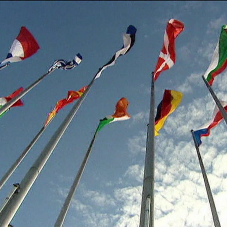 Flaggen der EU-Nationen wehen vor dem Europa-Parlament in Brüssel