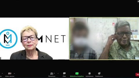Bildschirm mit Video-Gespräch von Gisela Burckhardt mit AKH Mitarbeiter und Gewerkschafter.