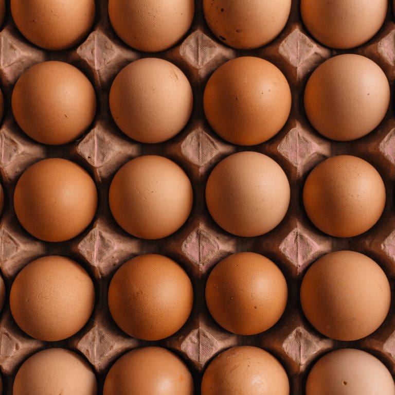 Rohe, braune Eier in einem braunen Eierkarton.