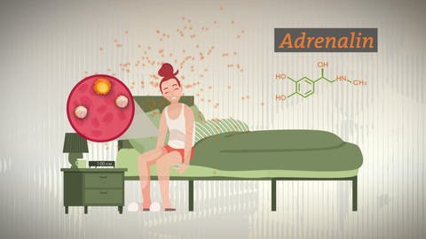 Grafische Abbildung einer Frau, die auf einem Bett sitzt und müde aussieht, daneben ist das Wort Adrenalin zu lesen und die chemische Formel abgebildet.
