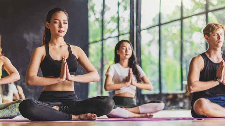 Menschen in Sportkleidung sitzen mit geschlossenen Augen im Lotussitz auf ihren Yogamatten. Welche Gesundheitlichen Vorteile hat Yoga? 