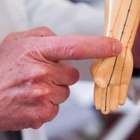Finger zeigt auf Handgelenk einer Körperfigur