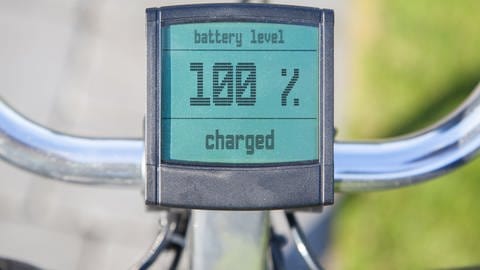 Der Bildschirm eines E-Bike Monitors zeigt einen Akku von 100 Prozent an. 