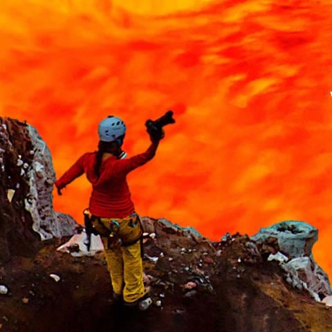 Die Fotografin Ulla Lohmann am Kraterrand eines aktiven Vulkans
