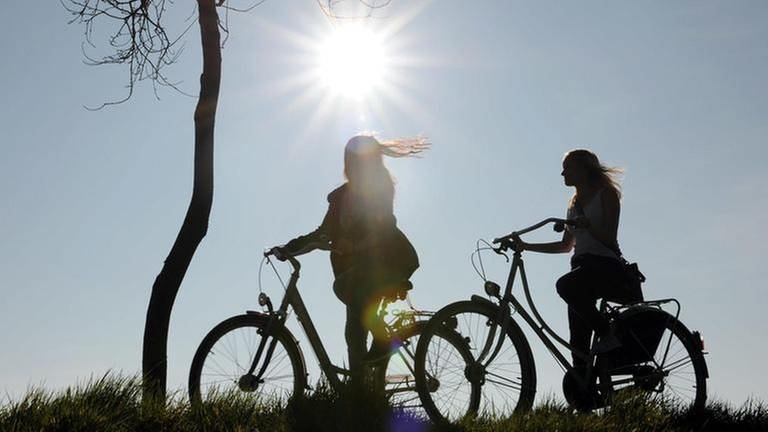 Zwei junge Radfahrerinnen an einem Baum mit Sonne im Hintergrund