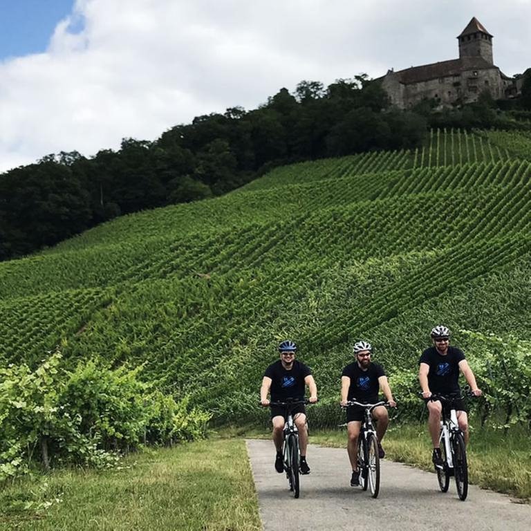 Drei Männer auf Fahrrädern, im Hintergrund Weinberge und Burg Lichtenberg