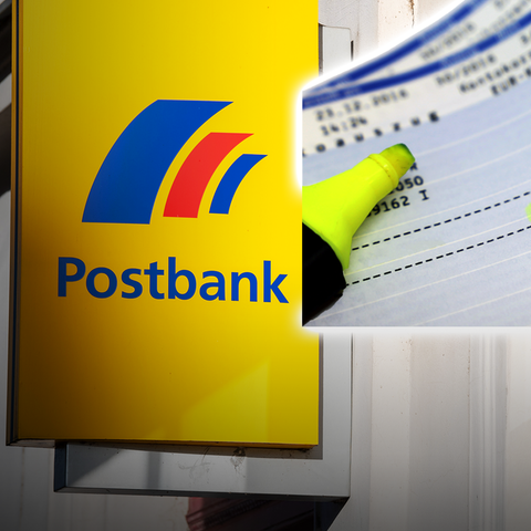 Das Logo der Postbank vor einer Filiale für Finanzberatung und darauf ein Kontoauszug. (Foto: dpa Bildfunk, Adobe Stock, picture alliance/dpa/dpa-Zentralbild|Monika Skolimowska;Adobe Stock/U.J. Alexander)