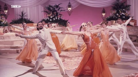 Das Ensemble des Tanzballetts tanzt in rosa Kulisse. (Foto: SWR, Annemie Huck)