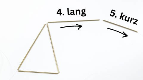 Die Schnur an der Dreieckspitze wird benutzt, um die 4. (lang) und 5. Stange (kurz) auf zu fädeln.  (Foto: Lisa Vöhringer)