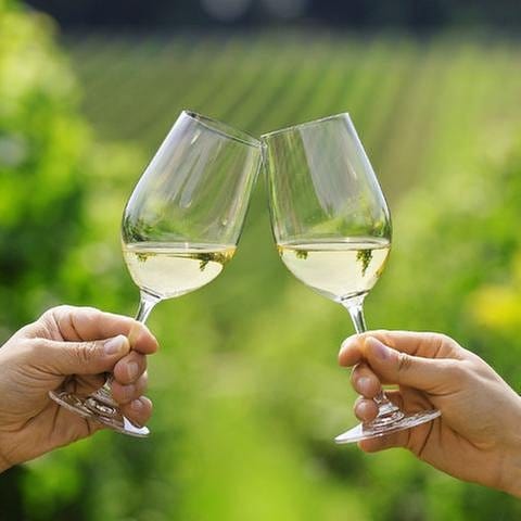 Zei Personen prosten sich mit einem Glas Weißwein zu. Im Hintergrund sieht man unscharf Weinhänge. (Foto: Getty Images, Thinkstock -)
