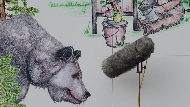 Gezeichneter Bär, davor ein Richtmikrofon mit Puschel