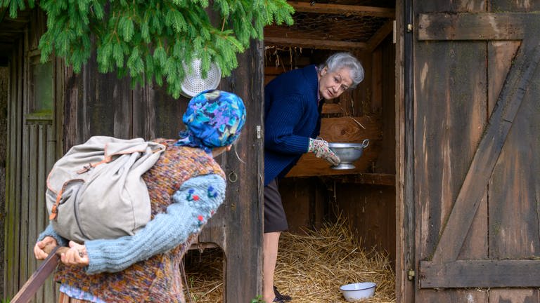 Johanna holt Eier aus dem Hühnerstall, Lioba steht mit ihrem Leiterwägele davor (Foto: SWR, Patricia Neligan)