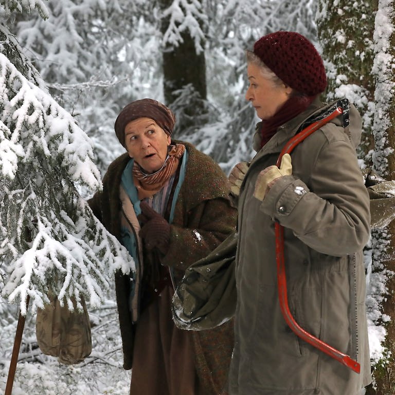 Lioba und Johanna, die eine Säge trägt, gemeinsam im verschneiten Wald (Foto: SWR, Johannes Krieg)