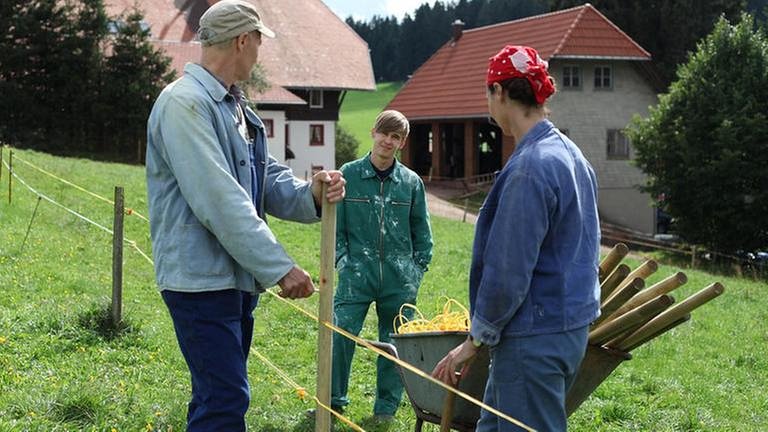 Karl, Sebastian und Sabine arbeiten auf der Wiese hinter dem Fallerhof (Foto: SWR, SWR/Rainer Bloch -)