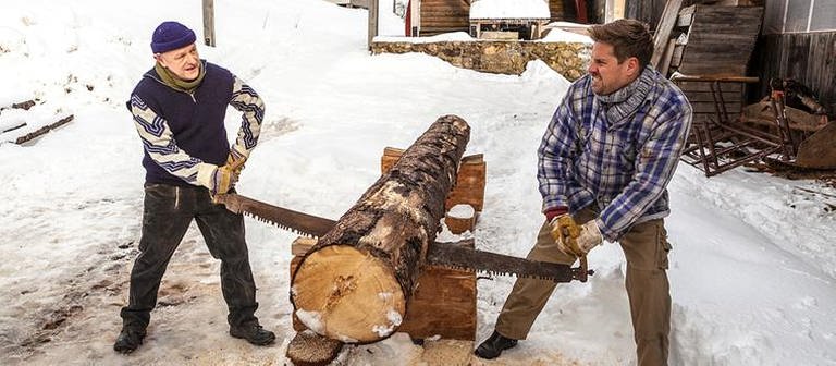 Toni und Andreas sägen einen Baumstamm durch, es liegt Schnee (Foto: SWR, SWR/Peter Sebera -)