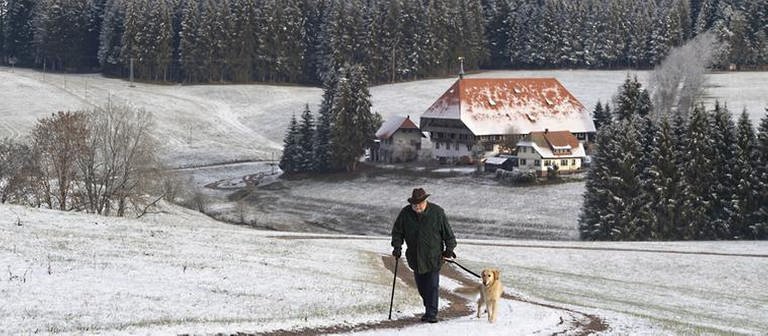 Hermann geht mit Hofhund Willy im Schnee spazieren (Foto: SWR, SWR/Alexander Kluge -)