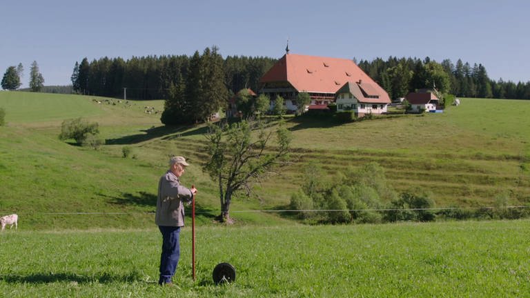 Karl repariert einen Zaun, im Hintergrund sieht man den Fallerhof (Foto: SWR)