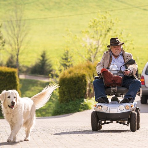 Hermann auf seinem Elektromobil und Hofhund Willi vor dem Fallerhof (Foto: SWR, d:light / Christian Koch)