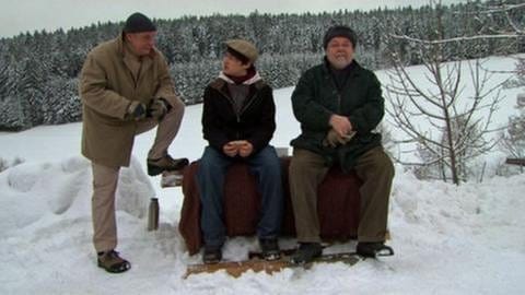 Heinz, Daniel und Hermann auf einer Bank im Schnee (Foto: SWR, SWR -)