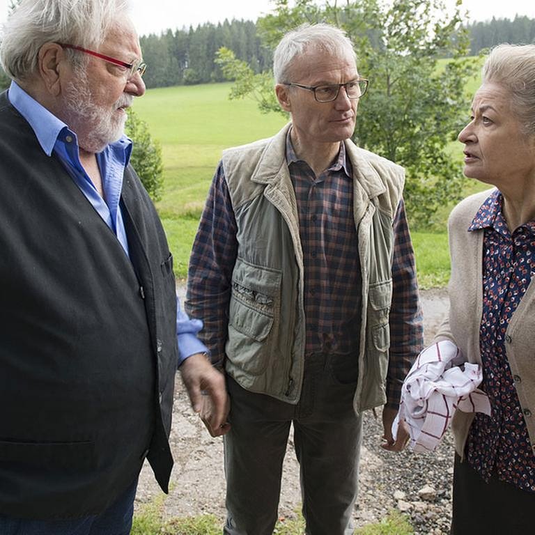 Hermann, Karl und Johanna im Gespräch hinterm Fallerhof