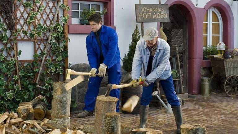 Karl und Matthias Steiner hacken Holz