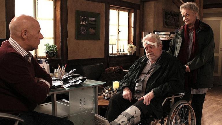 Johanna und Hermann, der im Rollstuhl sitzt, sind bei Franz im Gesindehaus (Foto: SWR, SWR/Johannes Krieg -)