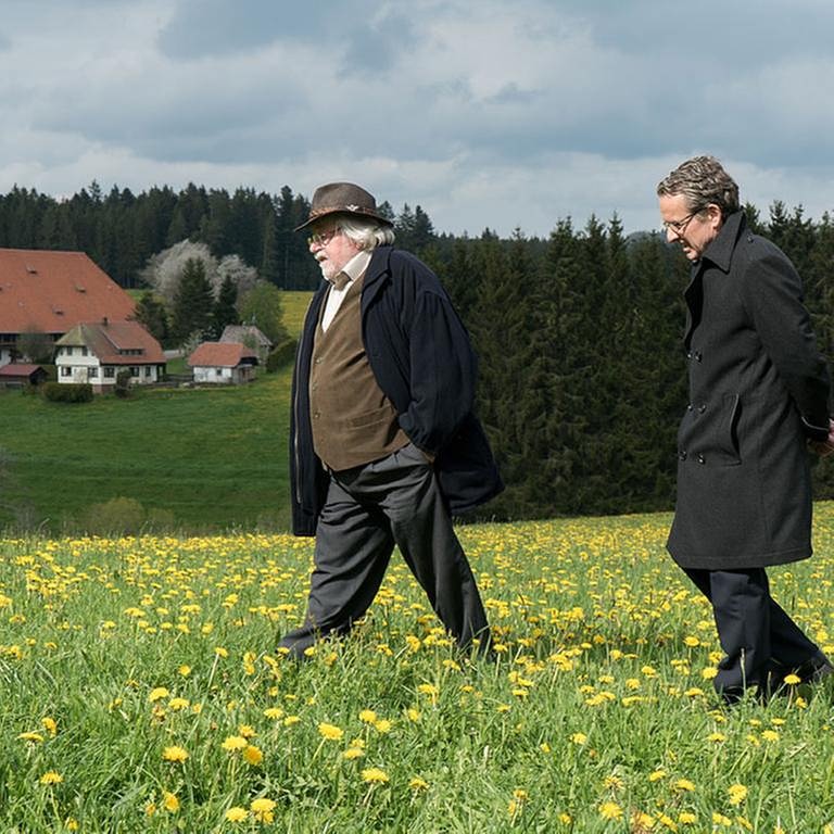 Hermann und Bernhard gehen über eine Frühlingswiese, im Hintergrund der Fallerhof (Foto: SWR, SWR/Stephanie Schweigert -)
