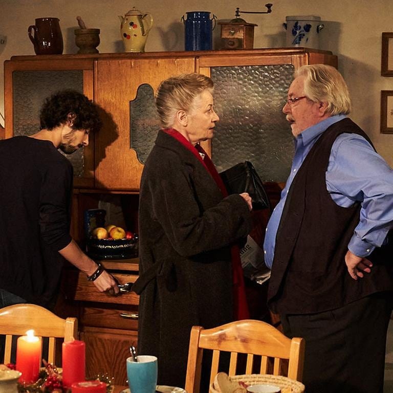 Johanna spricht mit Hermann, Albert sucht etwas im Küchenschrank (Foto: SWR, Stephanie Schweigert -)