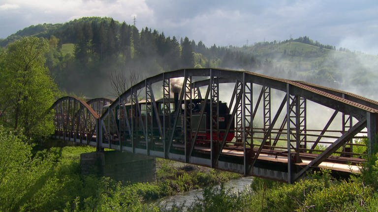 Die Bahn hält auf einer Brücke nahe Rosia Montana (Foto: SWR, Ildico Wille und Grit Merten)