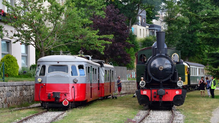 In Le Chambon-sur-Lignon treffen sich der Dampfzug und der Triebwagen. (Foto: SWR, Andreas Stirl und Frank Rinnelt)