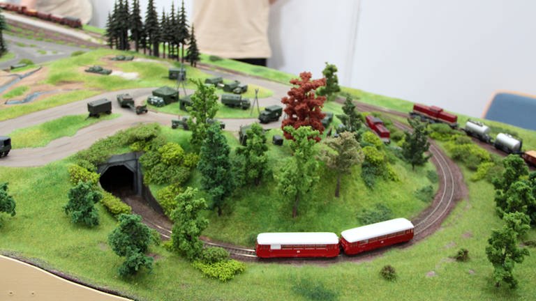 TT Modellbahn-Freunde Weimar: TT Landschaftsmodul im Stil eine NVA-Truppenübungsplatzes; Besonderheit der Anlage ist ein Faller-car-system auf einer TT-Anlage; Be- und Entladung auf Eisenbahnwagons (Foto: SWR, SWR)