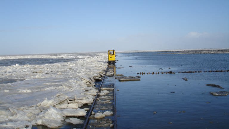 Halligwinter: Oftmals müssen sich die Küstenschutz-Arbeiter durch Eis und Schnee kämpfen. (Foto: SWR, Bernhard Foos)