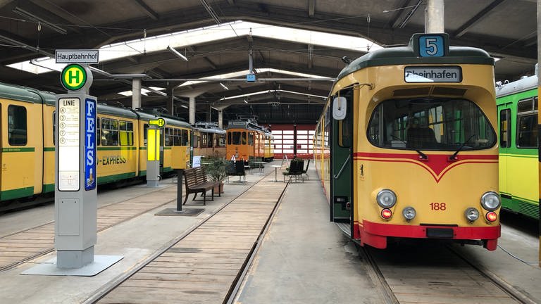 Fahrzeughalle des Straßenbahnmuseums Karlsruhe im historischen Depot von 1913. (Foto: SWR, Alexander Schweitzer)