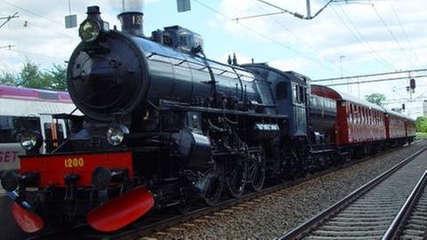 Hier bekamen wir die "Statens Järnväger"-Dampflok 1200 F von 1914 vor den Zug gespannt. Diese Lok ist auch der "König der Lokomotiven", weil sie die Lokomotive der Königszüge war (Foto: SWR, SWR -)