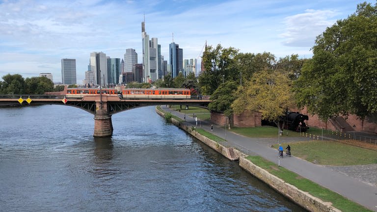 Auf der Brücke eine Straßenbahn, unter ihr die Dampflok - gleich zwei historische Schienenfahrzeuge in einem Bild!  So was erlebt man in Frankfurt nur am Tag der Verkehrsgeschichte.  (Foto: SWR, Kirsten Ruppel)