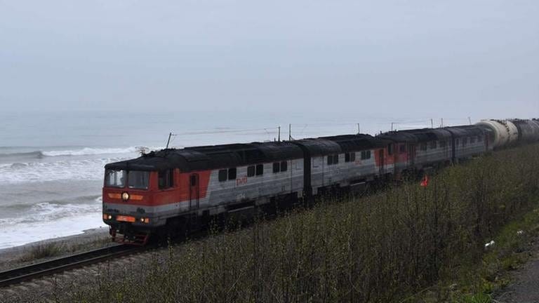 Güterzug mit zwei TG 16 auf der Strecke Yuzhno – Poronaisk. (Foto: SWR, SWR - Michael Mattig-Gerlach)