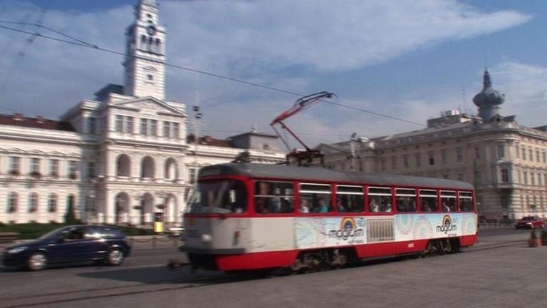 Eine deutsche Straßenbahn vor dem prunkvollen Rathaus von Arad. (Foto: SWR, SWR - Susanne Mayer-Hagmann)