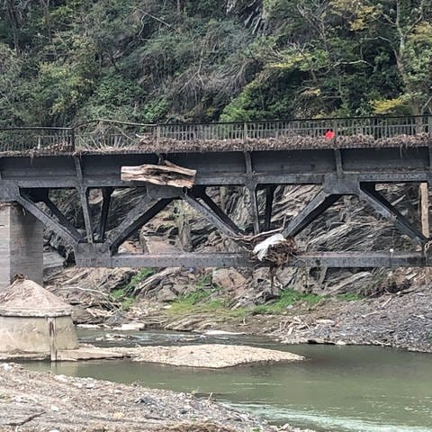 Das Hochwasser an der Ahr war an manchen Stellen bis zu acht Meter hoch. Hier stieg es bis zum Geländer der Eisenbahnbrücke. (Foto: SWR, Alexander Schweitzer)