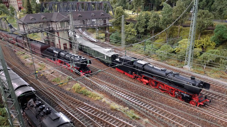 Paralleleinfahrt eines Schnellzuges und eines Kohlezuges in den Bahnhof von Bremburg. (Foto: SWR, Andreas Stirl und Anna Neumann)
