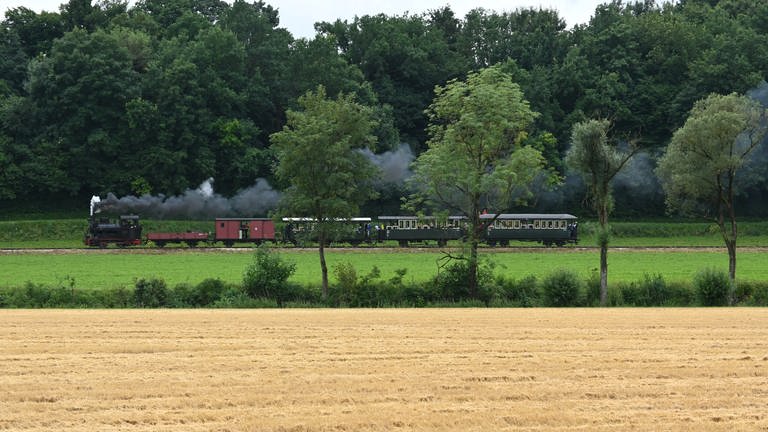 Der Museumsbahnzug auf seiner neuen Strecke, die nun mit der Verlängerung bis Katzenstein knapp sechs Kilometer lang ist. (Foto: SWR, Bettina Bansbach)