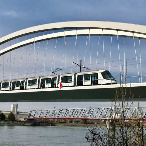 Eine Straßenbahn fährt auf der Beatus Rhenanus Brücke über den Rhein von Straßburg nach Kehl. (Foto: SWR, SWR - Ildico Wille)