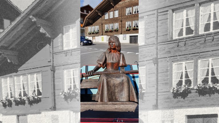 Diese Holzfigur am Bahnhofsplatz erinnert an eine der „schönen Schifferinnen vom Brienzersee“. (Foto: SWR, Bettina Bansbach)
