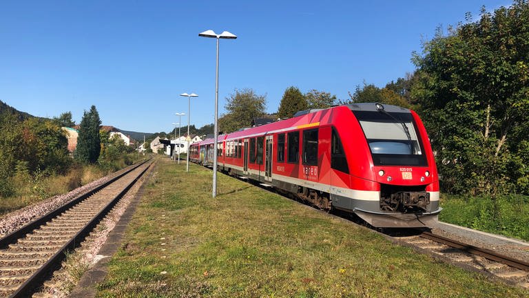 Dieser Zug in Densborn an der Eifelbahn ist eingeschlossen und kann den Bahnhof nicht mehr verlassen. Große Teile der Signaltechnik an der Eifelbahn wurde durch das Hochwasser unbrauchbar. (Foto: SWR, Alexander Schweitzer)