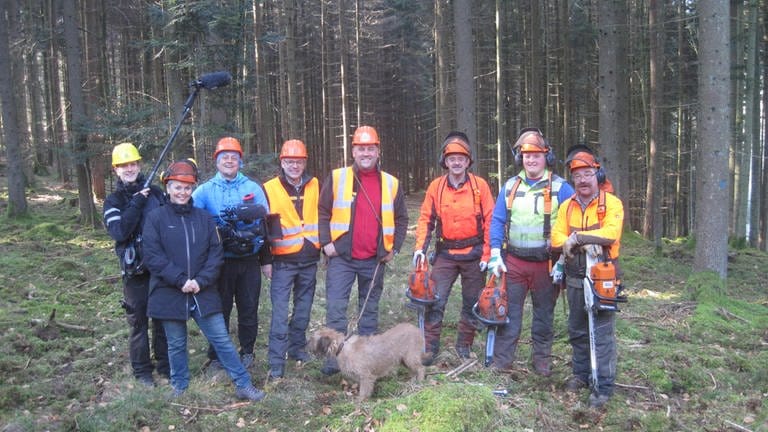 Teambegegnung im Schwarzwald: die Baumfällertruppe mit Förster und das SWR-Team mit Helm. (Foto: SWR, Susanne Mayer-Hagmann)