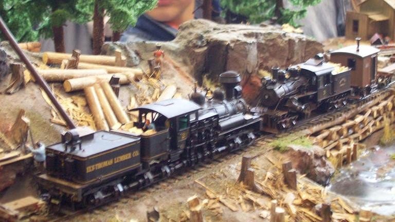 Die Waldarbeiter sind mit den Lokomotiven zu ihrer Holzeinschlagstelle gefahren.