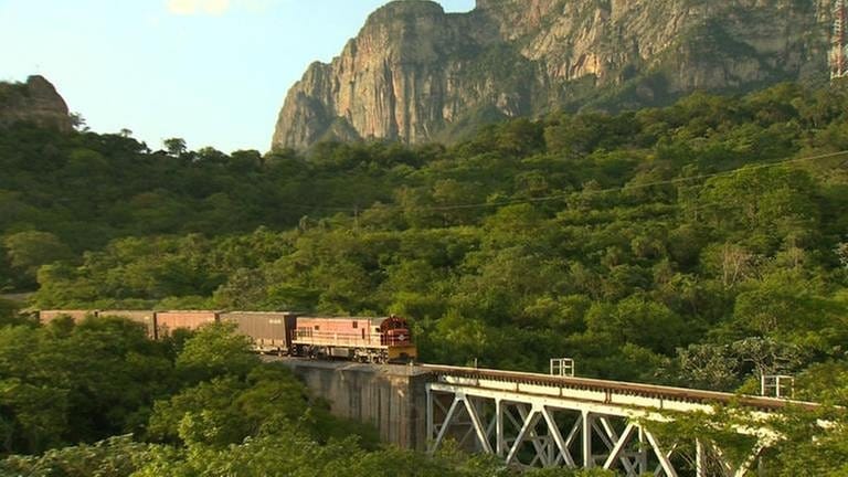 Ein Güterzug fährt über eine Brücke