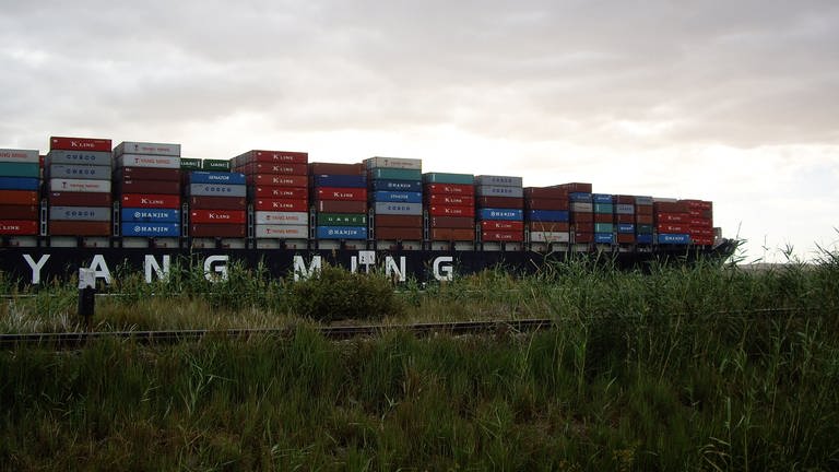 Ein schwer beladenes Containerschiff (Foto: SWR, Alexander Schweitzer)