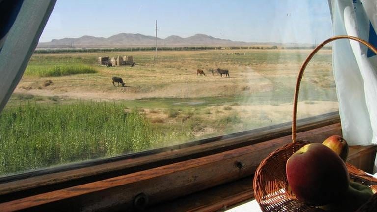 Die Steppen Kasachstans aus dem Fenster eines Schlafwagens. Das Land hat unterschiedlichste Landschaften - von der Steppe bis zum Hochgebirge. (Foto: SWR, SWR - Harald Kirchner)